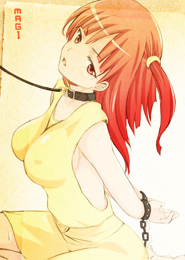 arms_behind_back bad_id bad_pixiv_id bdsm bondage bound breasts chain collar collarbone copyright_name covered_nipples cuffs kaya_(c14) leash long_hair looking_at_viewer magi_the_labyrinth_of_magic medium_breasts morgiana one_side_up red_hair shackles sideboob slave solo