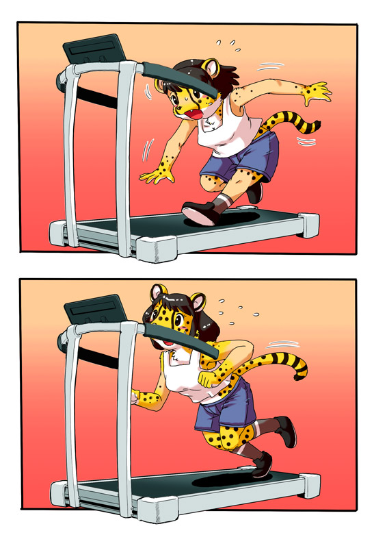 breasts cheetah comic edmol feline female gender_transformation humor mammal mtf running sweat transformation transgender treadmill