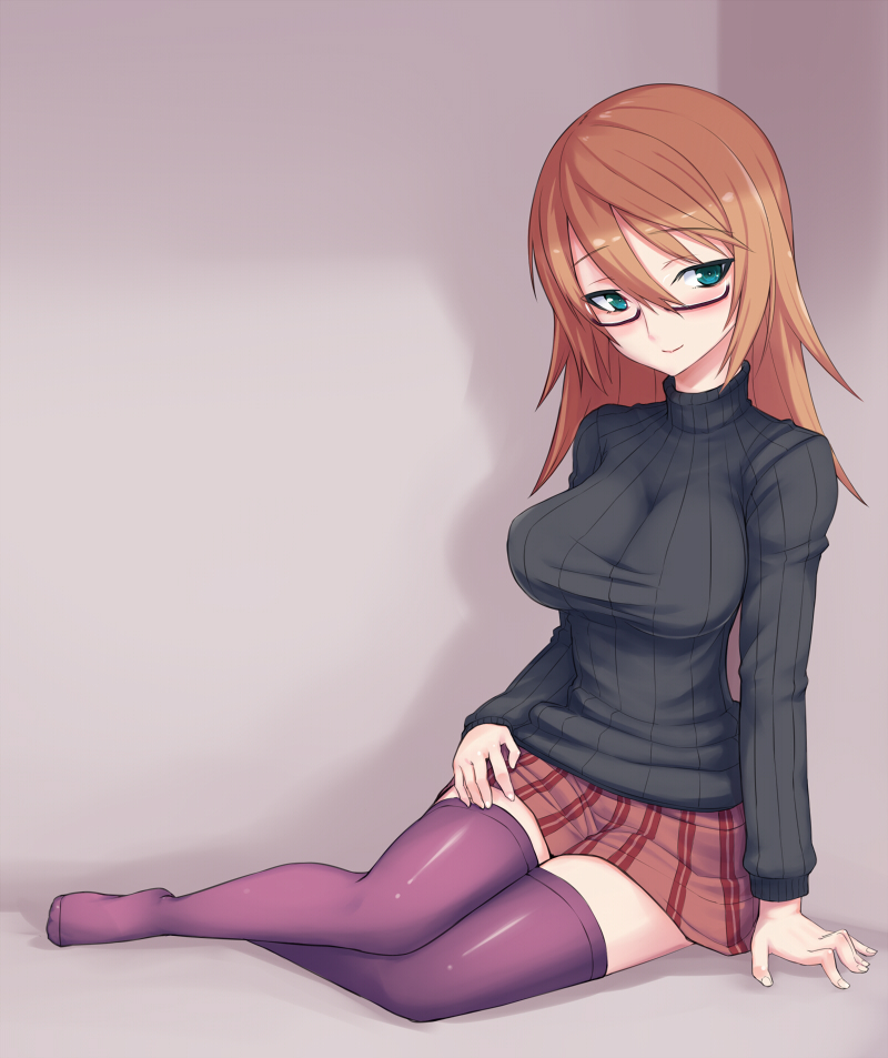 breasts brown_hair copyright_request coupe50 glasses green_eyes large_breasts long_hair ribbed_sweater semi-rimless_eyewear solo sweater thighhighs under-rim_eyewear zettai_ryouiki