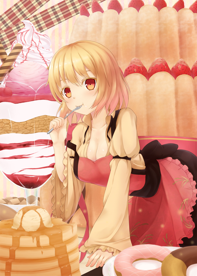 aki_minoriko all_fours blonde_hair blush breasts cake checkerboard_cookie cleavage colored_eyelashes cookie doughnut eating food fork fork_in_mouth fruit ice_cream long_sleeves medium_breasts no_hat no_headwear oversized_object pancake red_eyes short_hair smile solo strawberry sundae sweets touhou wide_sleeves yosshii_(ropichan2)