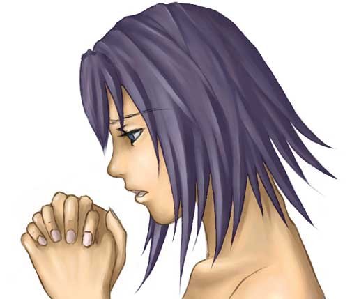 1girl no_background pixiv praying purple_hair short_hair solo uma-kotsu uma-kotsu_(artist)