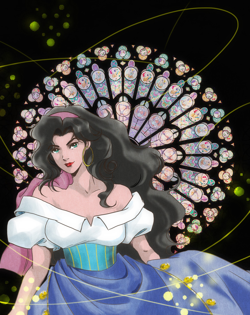 &gt;:) aqua_eyes bare_shoulders black_hair earrings esmeralda_(disney) gypsy hairband jewelry lipstick long_hair looking_at_viewer makeup puchikotei puffy_short_sleeves puffy_sleeves red_lipstick short_sleeves smile stained_glass the_hunchback_of_notre_dame v-shaped_eyebrows