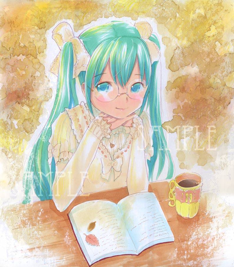 aqua_eyes aqua_hair bespectacled blush book cup glasses hair_ribbon hatsune_miku long_hair looking_at_viewer mayo_riyo open_book ribbon sample smile solo traditional_media twintails very_long_hair vocaloid watermark