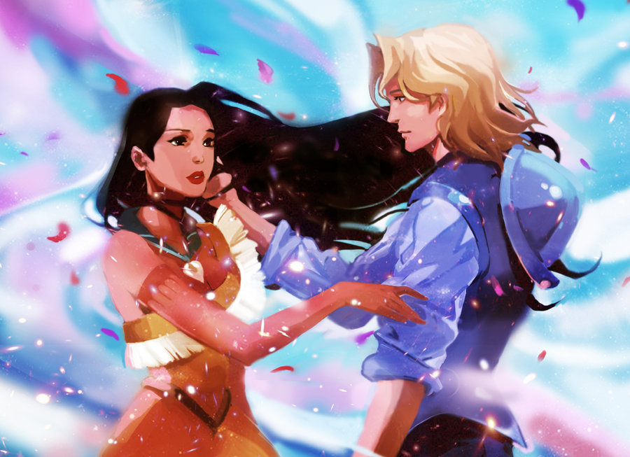 1girl athenacg couple dark_skin floating_hair hand_on_another's_face helmet hetero jewelry john_smith_(disney) lipstick long_hair makeup necklace petals pocahontas pocahontas_(disney) red_lipstick sleeves_rolled_up wind