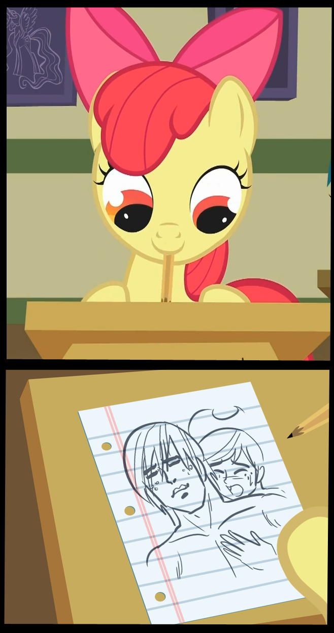 anthro apple_bloom_(mlp) applejack_(mlp) big_macintosh_(mlp) bow clothed clothing creating_art cub drawing equine fanart female feral friendship_is_magic half-dressed hat horse human humanized incest male mammal my_little_pony paper pencil pony shipping sketch suggestive topless unknown_artist yaranaika young