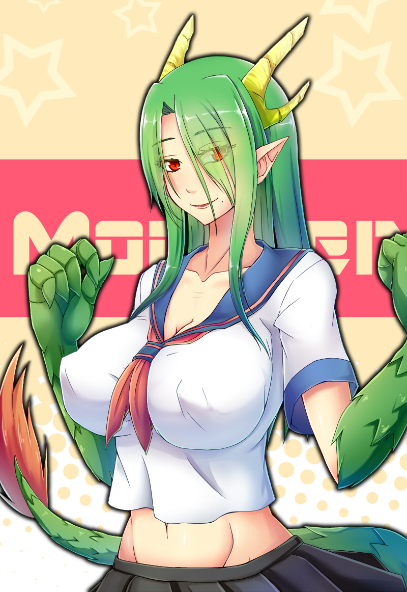 breasts covered_nipples crop_top dragon_girl dragon_horns dragon_tail dream_demon green_hair horns huge_breasts long_hair mole mole_under_mouth monster_girl navel original pleated_skirt red_eyes scales school_uniform serafuku skirt smile solo tail