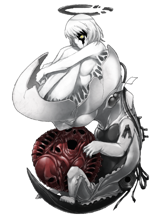 blood blood_on_face cracked cracked_skin egg erhu fetus full_body guro halo heart mazeran persona satsuki_rin short_hair skeleton skull solo spine tail touhou transparent_background white_hair yellow_eyes