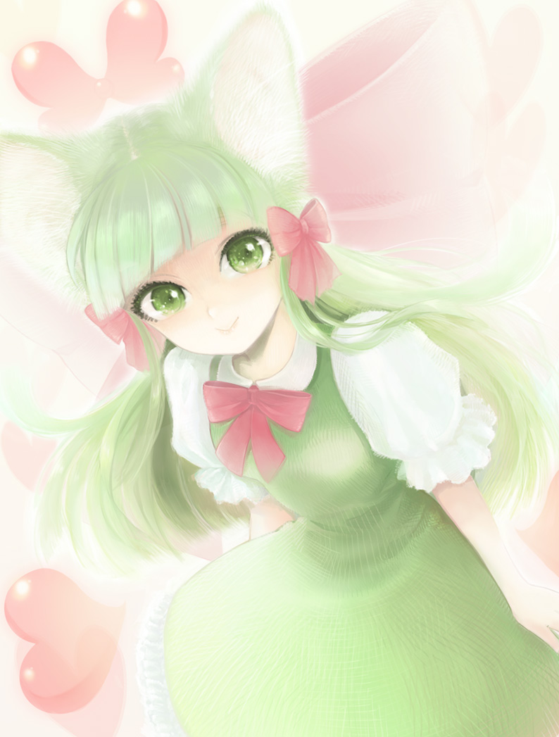 :&gt; animal_ears bad_id bad_pixiv_id bangs blunt_bangs bow bowtie cup dress green_dress green_eyes green_hair hair_bow heart long_hair oitan pale_color pucci puffy_short_sleeves puffy_sleeves short_sleeves solo teacup towelket_wo_mou_ichido