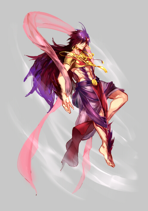 armlet barefoot djinn_equip earrings full_body grey_background hoop_earrings jewelry long_hair magi_the_labyrinth_of_magic male_focus purple_hair ribbon simple_background sinbad_(magi) siruphial solo