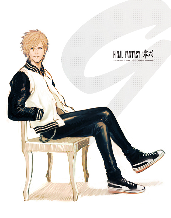 blonde_hair blue_eyes casual chair final_fantasy final_fantasy_type-0 hands_in_pockets j_(onose1213) jacket letterman_jacket male_focus nine_(fft-0) scar shoes sitting sneakers solo