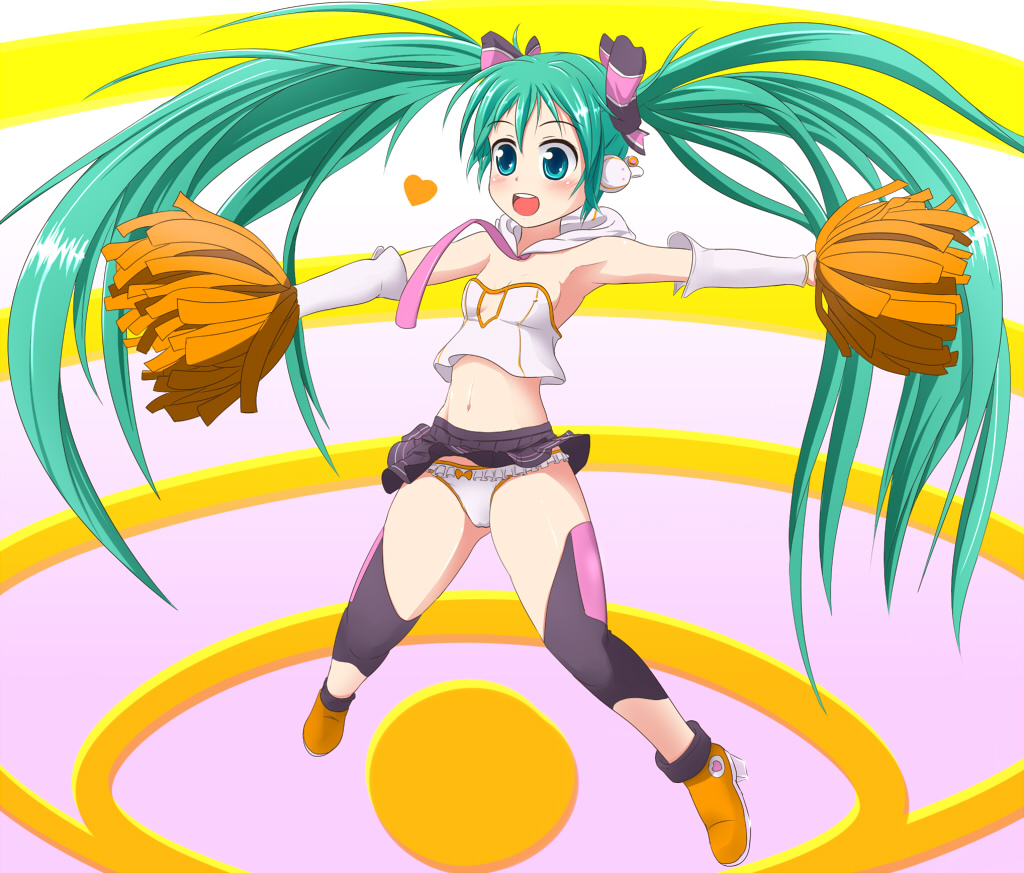 1girl blush green_hair happy hatsune_miku long_hair n2m3 panties pantyshot pom-pom pom_poms underwear vocaloid