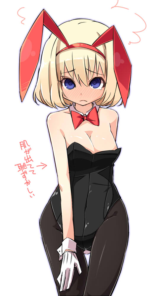 alice_margatroid animal_ears blonde_hair blue_eyes blush bow bowtie breasts bunny_ears bunnysuit cleavage detached_collar embarrassed fake_animal_ears gloves leotard medium_breasts oversized_breast_cup pantyhose shamo_(koumakantv) shy simple_background solo tears touhou translated white_background white_gloves wrist_cuffs