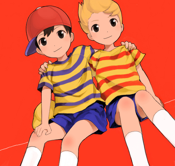 2boys backpack bag baseball_cap black_hair blonde_hair brown_eyes child crossover eyes_closed fanny_pack footwear hat lucas male male_focus mauveboy mother_(game) mother_2 mother_3 multiple_boys ness nintendo randoseru red_background shirt shorts simple_background sitting smile socks striped striped_shirt