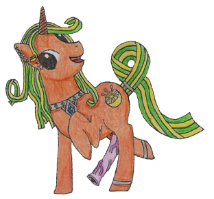 citrus_squirt cutie_mark donvoltonus equine erection hair herm horn horse intersex male mammal multi-colored_hair my_little_pony open_mouth original_character penis plain_background pony pussy smile solo tongue unicorn white_background