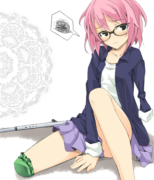 amputee angry blush commentary_request crutch glasses ogami_kazuki original pink_hair short_hair sitting skirt solo spoken_squiggle squiggle