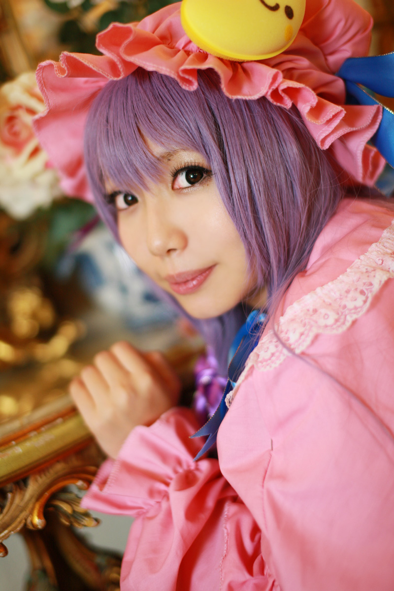1girl asian cosplay crescent dress female hat highres long_hair patchouli_knowledge photo purple_hair solo tenshi_myu touhou
