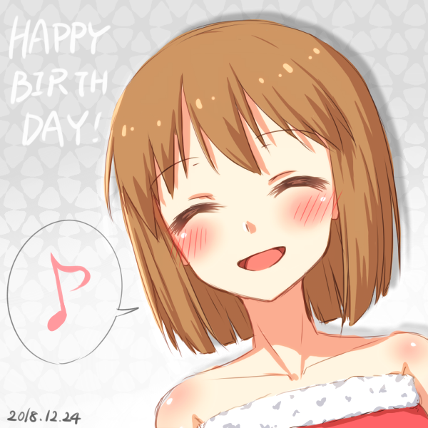 1girl apotea bangs bare_shoulders blush brown_hair collarbone dated english_text eyebrows_visible_through_hair eyes_closed face female fur_trim grey_background hagiwara_yukiho happy happy_birthday idolmaster musical_note open_mouth shiny shiny_hair shiny_skin short_hair smile solo speech_bubble spoken_musical_note