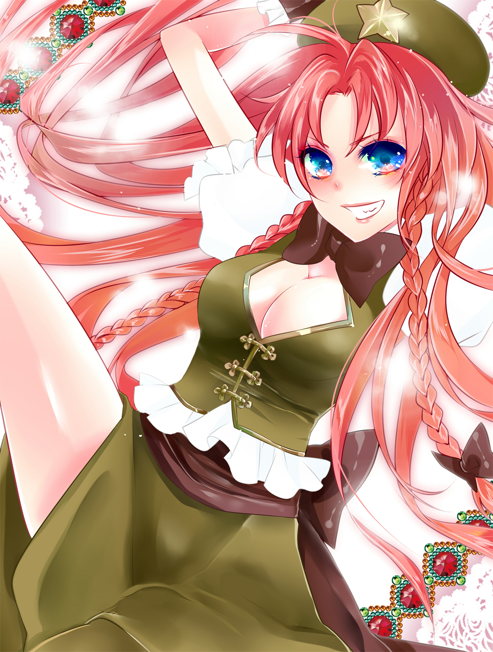 1hayu arm_up bad_id bad_pixiv_id cleavage_cutout grin highres hong_meiling red_hair smile solo touhou
