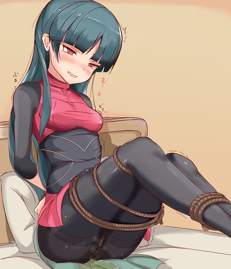 1girl arms_behind_back bangs bdsm bed black_legwear blunt_bangs blush bondage bound bound_legs bound_wrists breasts covered_collarbone creatures_(company) drooling female game_freak green_hair gym_leader half-closed_eyes indoors japanese_text knees_up legs_together long_hair long_sleeves miniskirt muroi_(fujisan0410) natsume_(pokemon) nintendo nose_blush on_bed open_mouth panties panties_under_pantyhose pantyhose peeing peeing_self pillow pokemon pokemon_(game) pokemon_lgpe red_eyes red_skirt rope saliva shiny shiny_hair side_slit sitting skirt small_breasts smile solo steam sweat tears thighband_pantyhose translation_request trembling underwear wavy_mouth wet wet_clothes white_panties