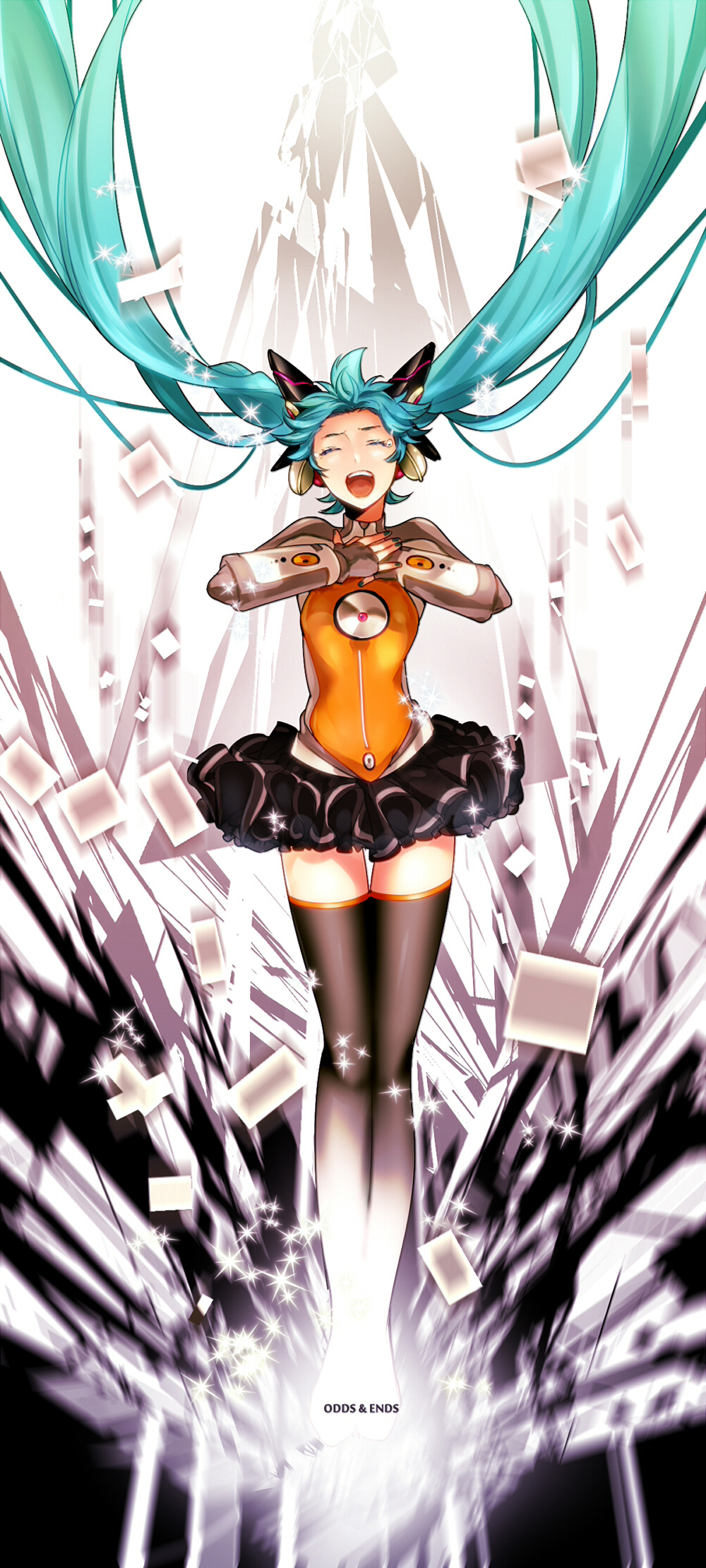 aqua_hair bad_id bad_pixiv_id closed_eyes copyright_name floating_hair hands_on_own_chest hatsune_miku highres ichinose777 long_hair odds_&amp;_ends_(vocaloid) open_mouth project_diva_(series) project_diva_f skirt solo thighhighs twintails very_long_hair vocaloid