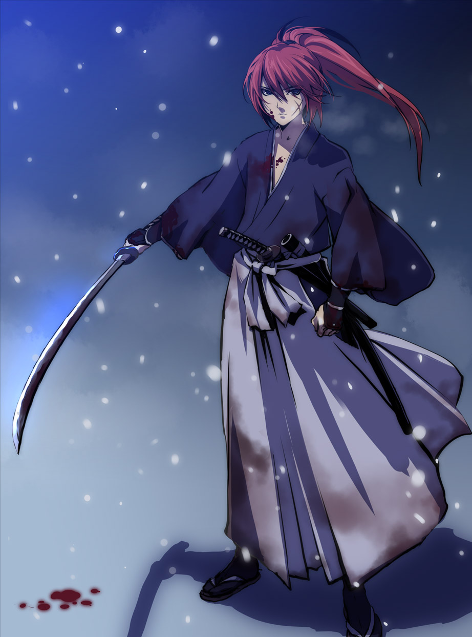 blood hakama highres himura_kenshin japanese_clothes long_hair male_focus ponytail purple_eyes red_hair rurouni_kenshin sandals scar sheath snow snowing solo sword tabi weapon yahako