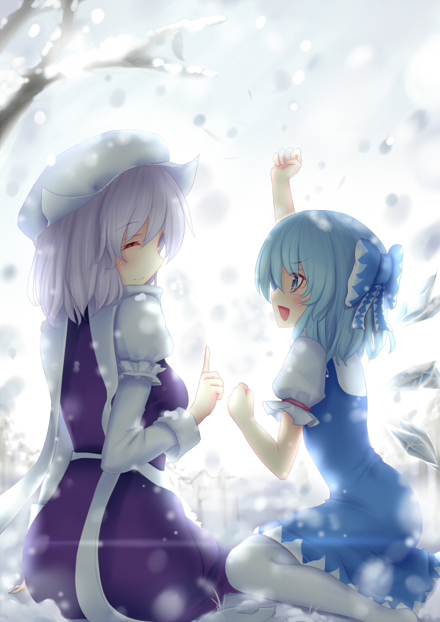 :d bad_id bad_pixiv_id blue_eyes blue_hair bow cirno clenched_hand closed_eyes dress hair_bow hat lavender_hair letty_whiterock multiple_girls open_mouth pantyhose profile scarf short_hair sitting smile snowing touhou walzrj white_legwear white_scarf
