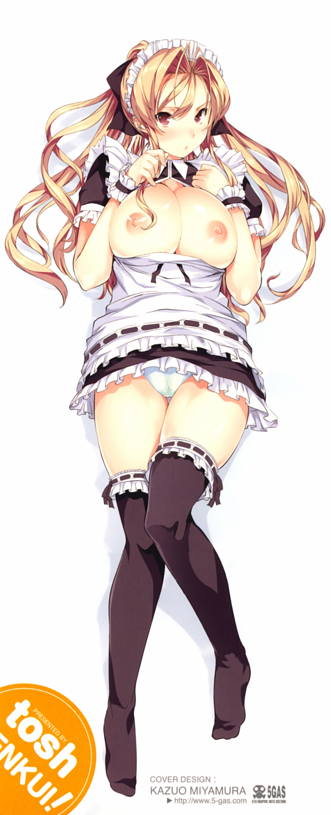 black_legwear blonde_hair blush breasts breasts_outside copyright_name highres large_breasts long_hair long_image lying maid maid_headdress maid_to_shujin_to_2-gou-chan menkui! nipples non-web_source on_back panties red_eyes scan shidou_akina solo tall_image thighhighs tosh_(imonade_ryouchou) underwear watermark web_address white_panties wrist_cuffs