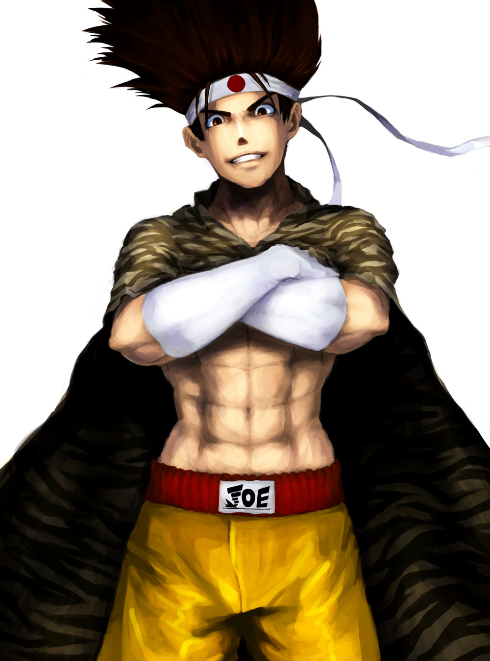 animal_print big_hair brown_hair cape crossed_arms fatal_fury food_fighter_441 grin headband highres japanese_flag joe_higashi male_focus muscle pectorals shirtless shorts smile solo spiked_hair the_king_of_fighters tiger_print