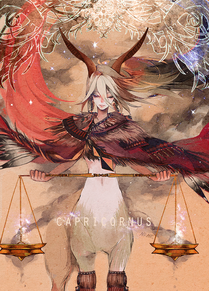balance_scale centaur cloak closed_eyes feathers fur grey_hair horns monster_girl original satsuyu_ito solo weighing_scale