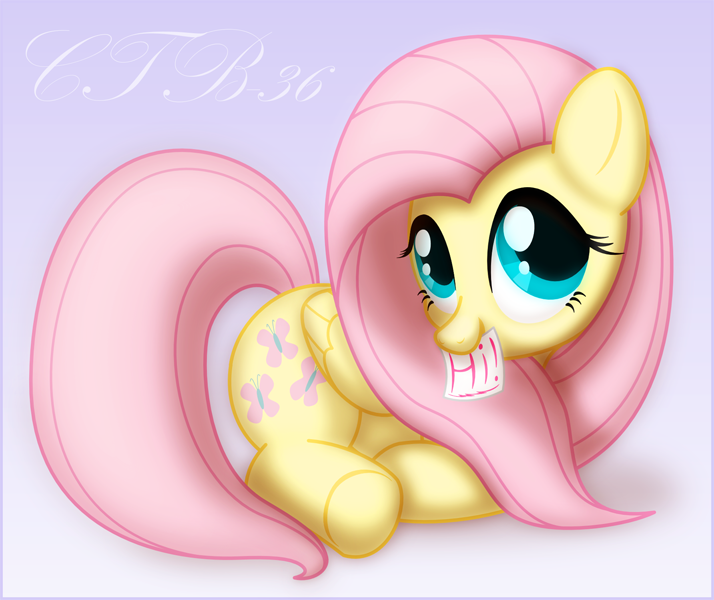 ctb-36 cutie_mark equine female feral fluttershy_(mlp) friendship_is_magic fur hair horse looking_at_viewer mammal my_little_pony paper pegasus pink_hair plain_background pony solo wings yellow_fur