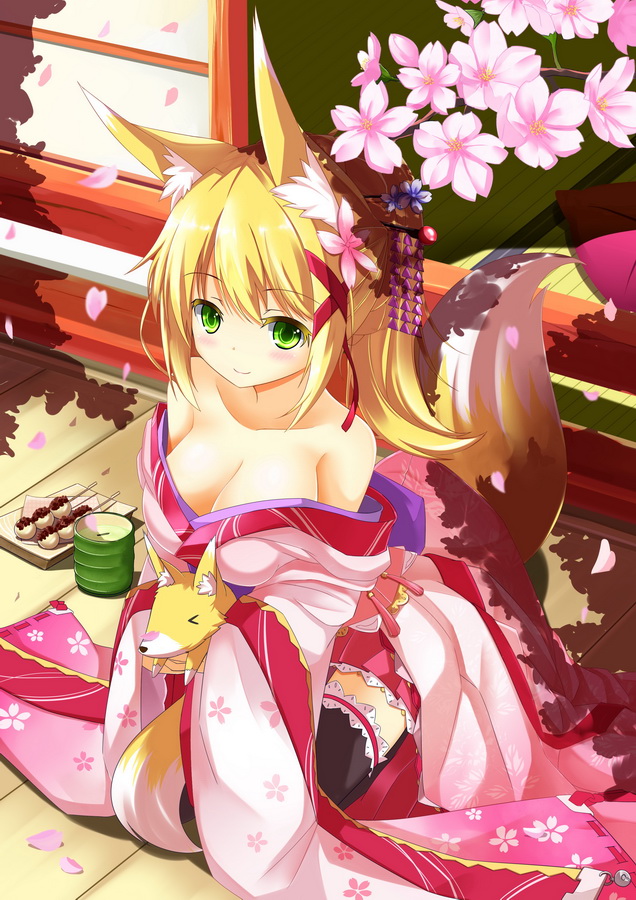 &gt;_&lt; animal_ears bare_shoulders black_legwear blonde_hair blush breasts cherry_blossoms cleavage closed_eyes collarbone dango fatkewell flower food fox fox_ears fox_tail green_eyes hair_flower hair_ornament holding japanese_clothes kimono large_breasts original petals sitting smile solo tail thighhighs wagashi