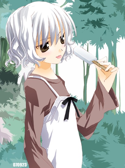 black_eyes character_request dated flat_chest food noto_(soranoto) original popsicle ribbon solo tongue wavy_hair white_hair
