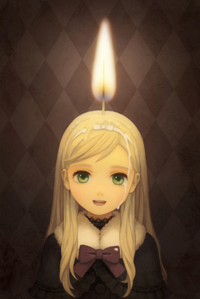 blonde_hair bow candle child fire green_eyes hairband kirobaito original personification smile solo surreal tears wax