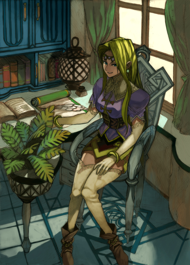blonde_hair blue_eyes boots chair curtains earrings elbow_gloves gloves headband indoors jewelry knees_together_feet_apart lack lamp long_hair mystina plant pointy_ears quill scroll shelf sitting skirt solo table thigh_boots thighhighs valkyrie_profile window