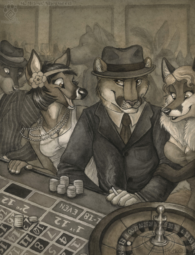anthro canine casino cervine cigarette clothed clothing cougar deer feline female flapper flower flower_in_hair fox gambling group idess male mammal monochrome necklace raccoon roulette sepia speakeasy suit