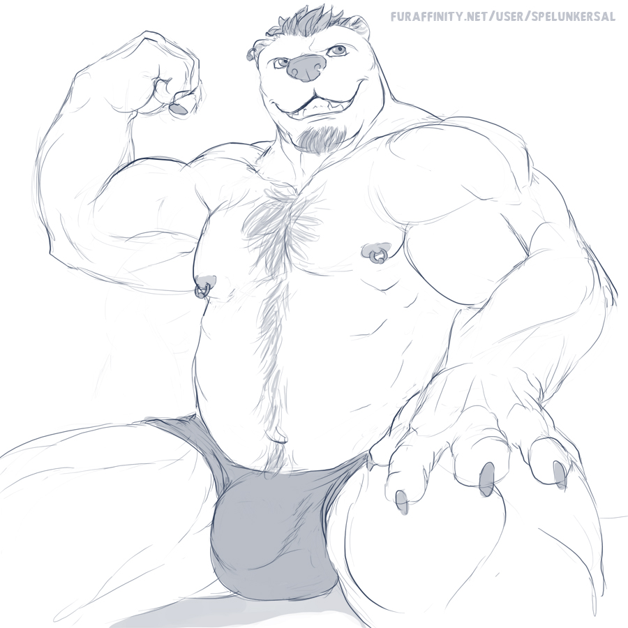 barazoku bear biceps big_muscles bulge chest_tuft chubby claws clenched_teeth clothed clothing flexing fur hairy half-dressed male mammal muscles nipple_piercing nipples pecs piercing pose sitting sketch solo speedo spelunker_sal swimsuit teeth thong topless tuft vpl