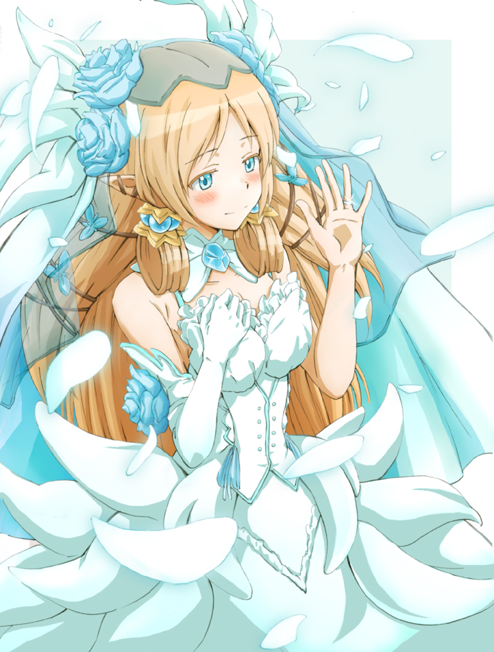 blue_eyes blush brown_hair dress elbow_gloves flower gloves hair_flower hair_ornament hair_tubes hand_on_own_chest jewelry long_hair margaret_(rune_factory) petals pointy_ears ring rune_factory rune_factory_4 single_glove smile solo suneo_(goten) wedding_dress