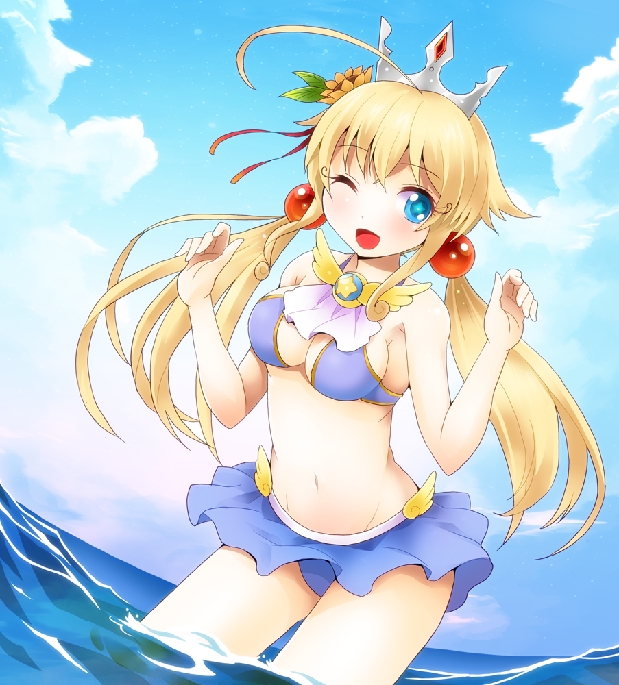;d adelaide_grand_marnier ahoge bare_shoulders bikini blonde_hair blue_eyes breasts crown dog_days flower groin hair_flower hair_ornament long_hair medium_breasts michii_yuuki navel one_eye_closed open_mouth smile solo star star-shaped_pupils swimsuit symbol-shaped_pupils water
