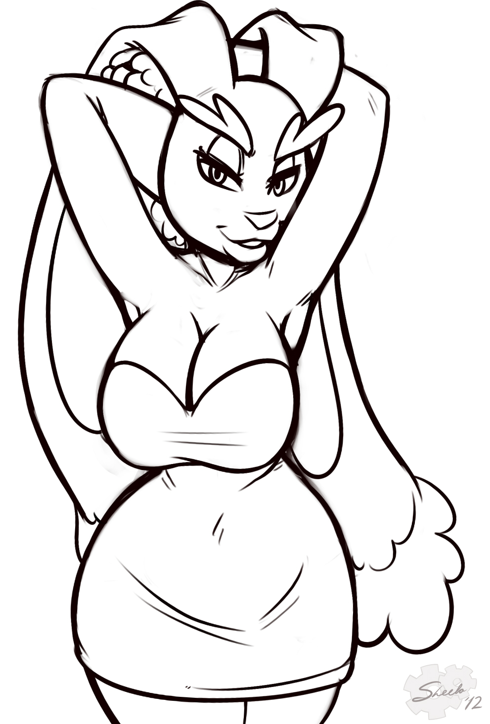 anthro big_breasts breasts cleavage clothed clothing dress female lagomorph looking_at_viewer lopunny mammal monochrome nintendo pok&#233;mon pok&eacute;mon rabbit sheela smile solo video_games
