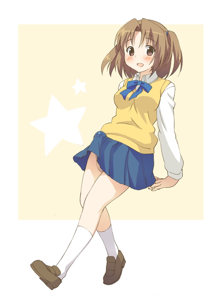 arms_behind_back bad_id bad_pixiv_id blue_skirt blush bow brown_eyes brown_hair erection erection_under_clothes futanari loafers looking_at_viewer open_mouth penis shoes skirt skirt_lift smile socks solo star suppy sweater_vest testicles tsukihime two_side_up walking yumizuka_satsuki