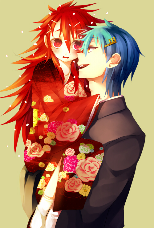 1boy 1girl blue_hair couple flaky happy_tree_friends japanese_clothes kimono lumpy personification red_hair