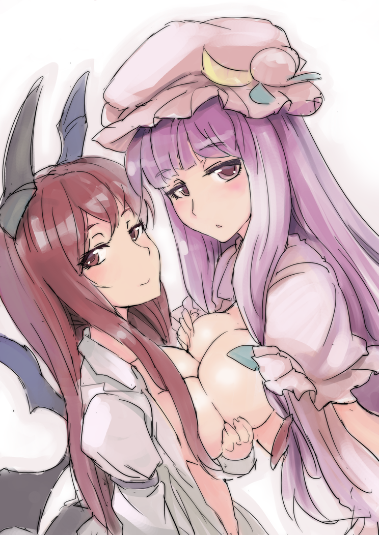 :o asymmetrical_docking blush breast_hold breast_press breasts crescent dress_shirt hat head_wings koakuma large_breasts long_hair looking_at_viewer multiple_girls no_bra open_clothes open_shirt patchouli_knowledge purple_eyes purple_hair red_eyes red_hair shirt sinzan sketch smile touhou white_background wings yuri