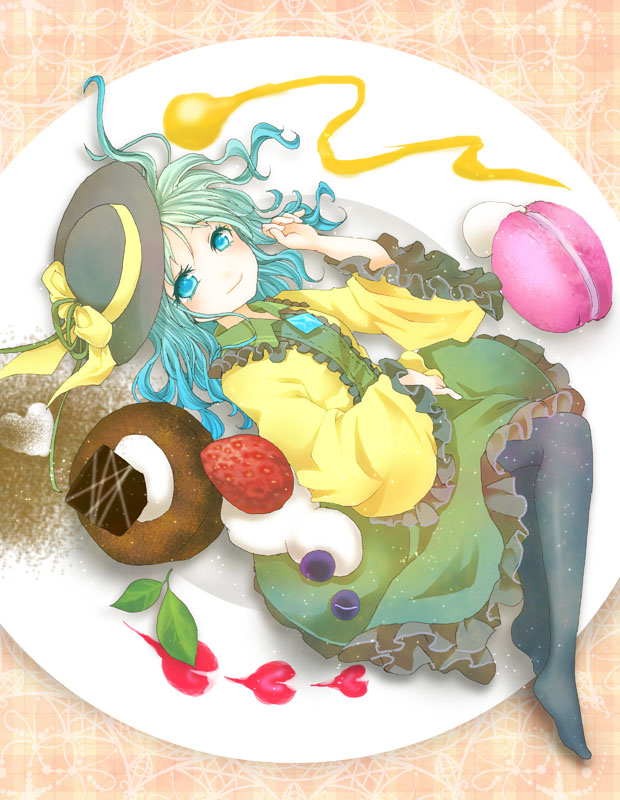 aqua_eyes aqua_hair black_legwear food fruit gradient_hair green_hair hat heart komeiji_koishi leaf lying macaron multicolored_hair pantyhose plate skirt smile solo strawberry touhou umebayashi_saki