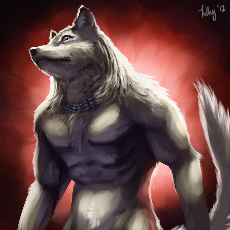 abs abstract_background anthro biceps blue_eyes canine chest_tuft fur khyaber looking_at_viewer male mammal muscles necklace nude pecs pose solo standing tuft wolf