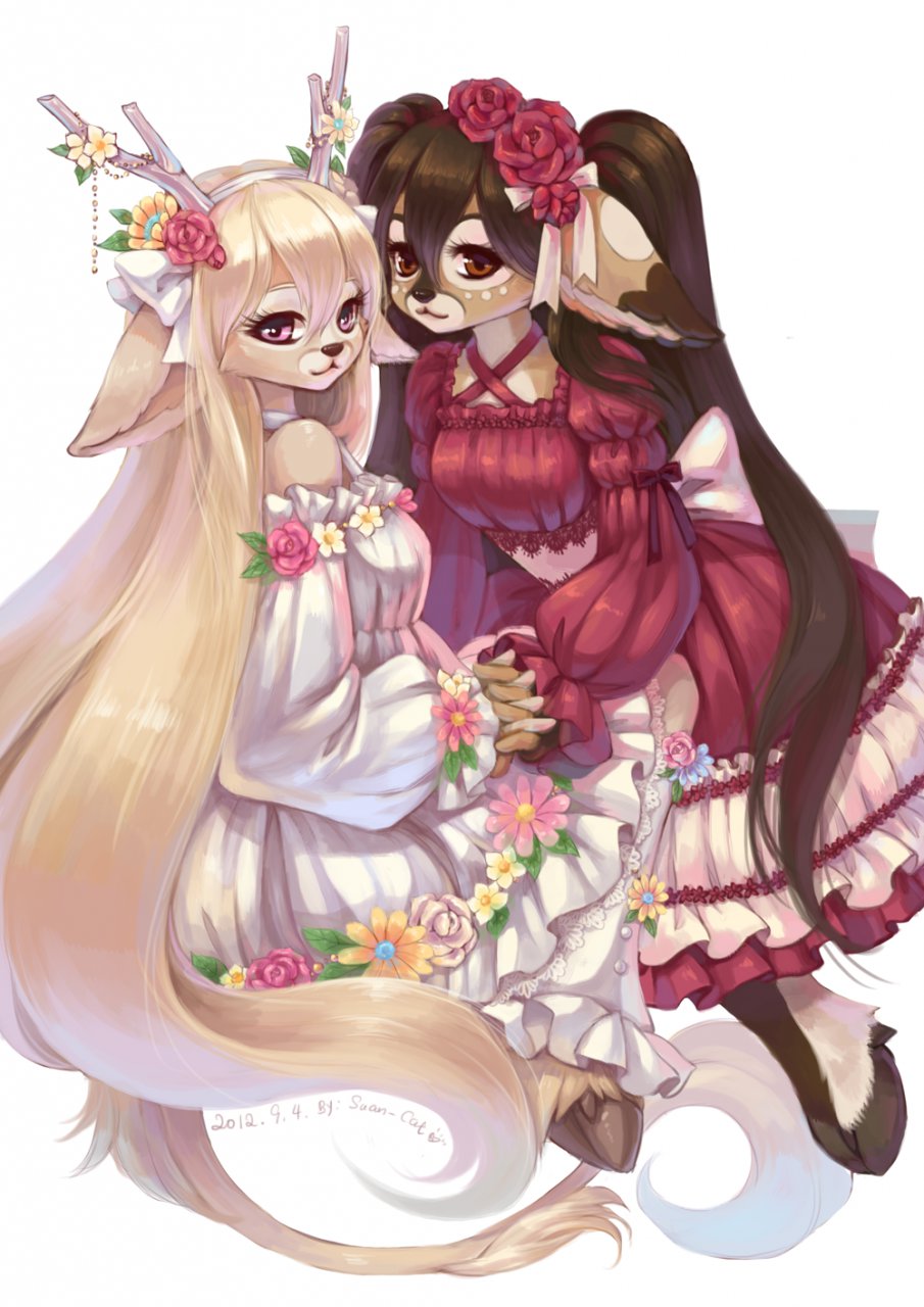 blonde_hair bow brown_eyes cervine cute deer dress female flower hair jewelry kiirei_(character) long_hair looking_at_viewer mammal pink_eyes plain_background red red_eyes ribbons simple_background sitting suan-cat unknown_species white white_background young