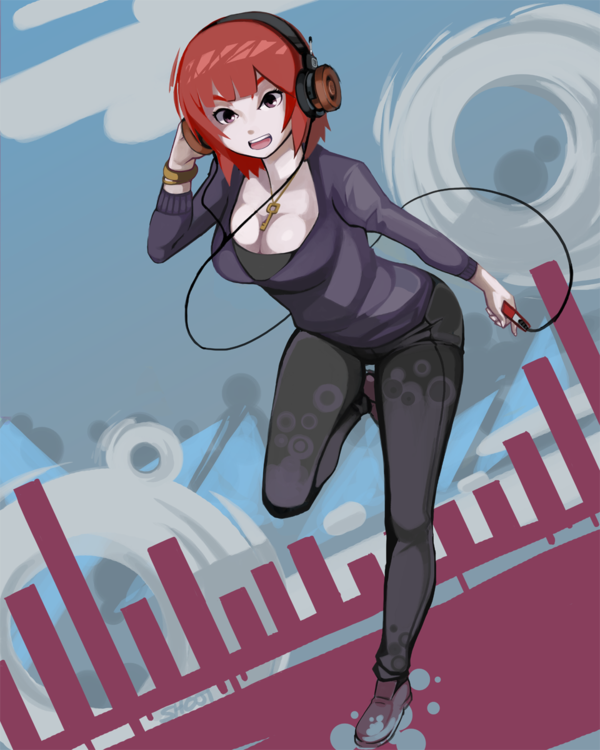 breasts cleavage copyright_request digital_media_player grado_labs headphones jewelry key large_breasts necklace open_mouth pale_skin pants purple_eyes red_hair running shoji-ikari short_hair solo