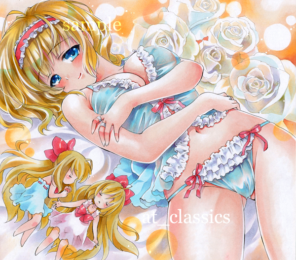 alice_margatroid at_classics bare_shoulders blonde_hair blue_eyes blue_panties blush bow breasts cleavage flower hair_bow hairband large_breasts lingerie long_hair looking_at_viewer lying navel negligee on_back on_side panties rose sample shanghai_doll short_hair sleeping smile solo touhou traditional_media underwear underwear_only white_flower white_rose