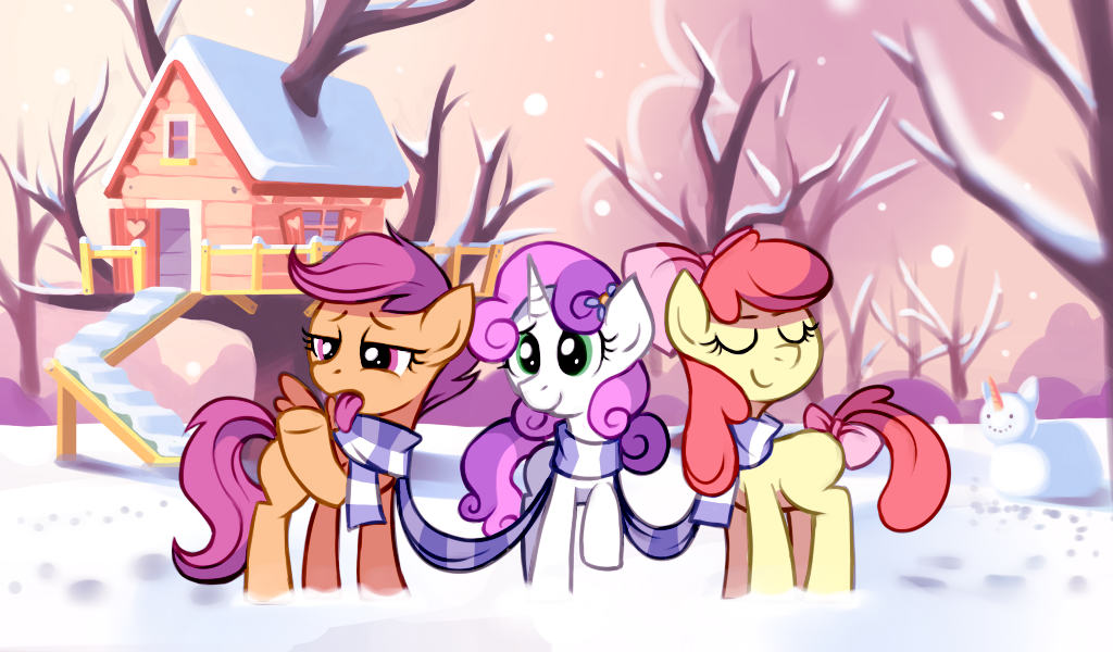 building christmas cub cutie_mark_crusaders_(mlp) equine eyes_closed female feral friendship_is_magic fur green_eyes group hair holidays horn horse karzahnii mammal my_little_pony orange_fur outside pegasus pony purple_eyes purple_hair red_hair ribbons scarf scootaloo_(mlp) snow snowpony sweetie_belle_(mlp) tongue tongue_out tree two_tone_hair unicorn white_fur wings wood xmas yellow_fur young