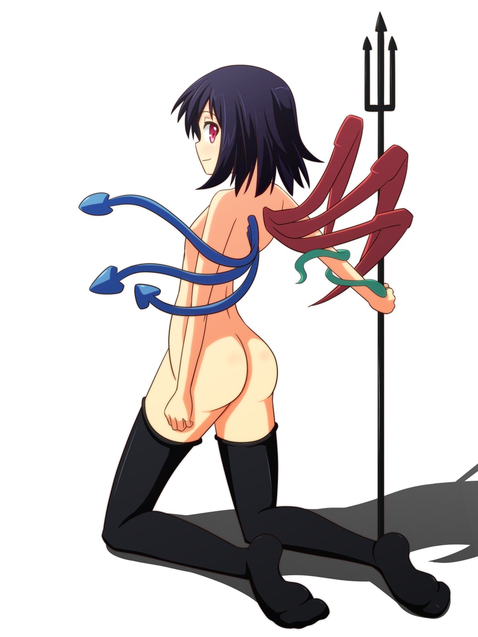ass asymmetrical_wings black_hair black_legwear blue_wings cato_(monocatienus) censored convenient_censoring from_behind highres houjuu_nue kneeling looking_at_viewer nude polearm red_eyes red_wings shadow short_hair smile snake solo thighhighs touhou trident weapon wings