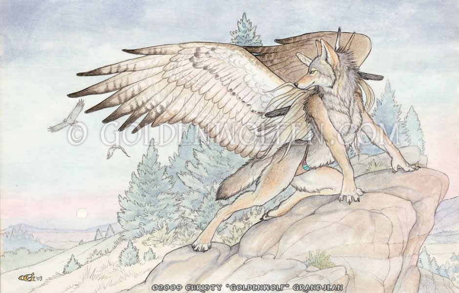 avian bird canine clothed clothing detailed_background feathers female goldenwolf loincloth looking_back mammal naturally_censored skimpy solo watermark wings wolf